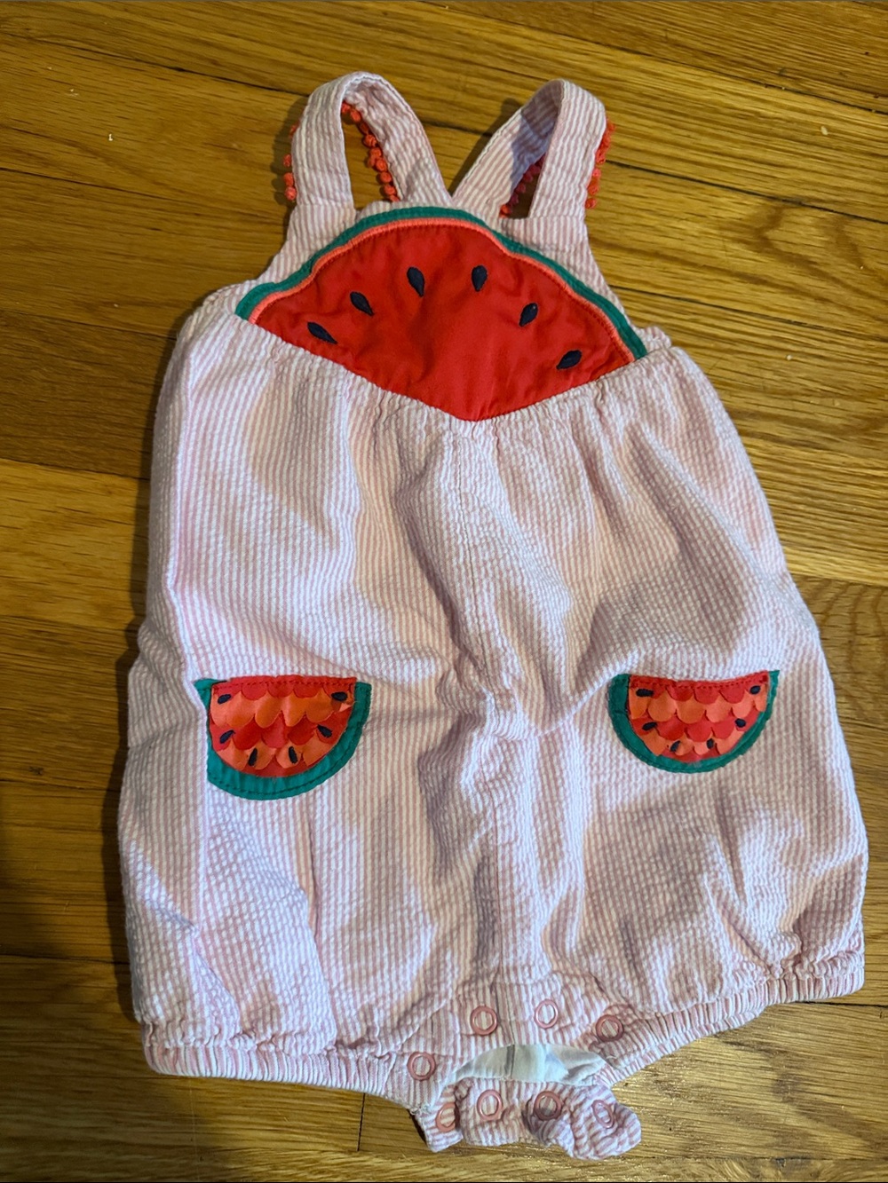 Baby Boden Pink Romper with Red Watermelon Appliques